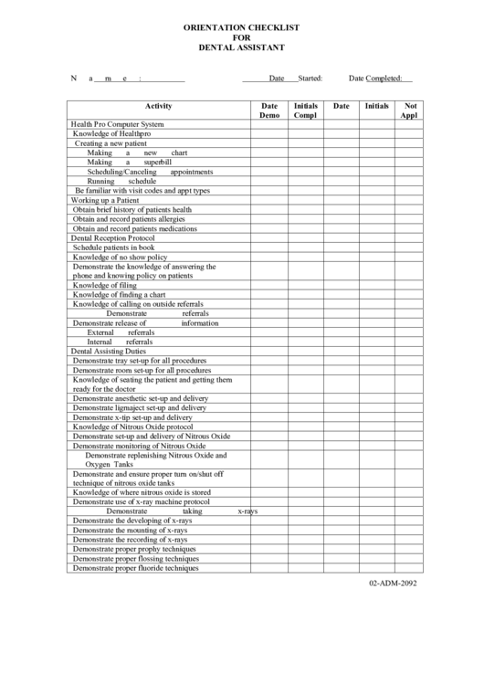 Orientation Checklist For Dental Assistant Printable pdf