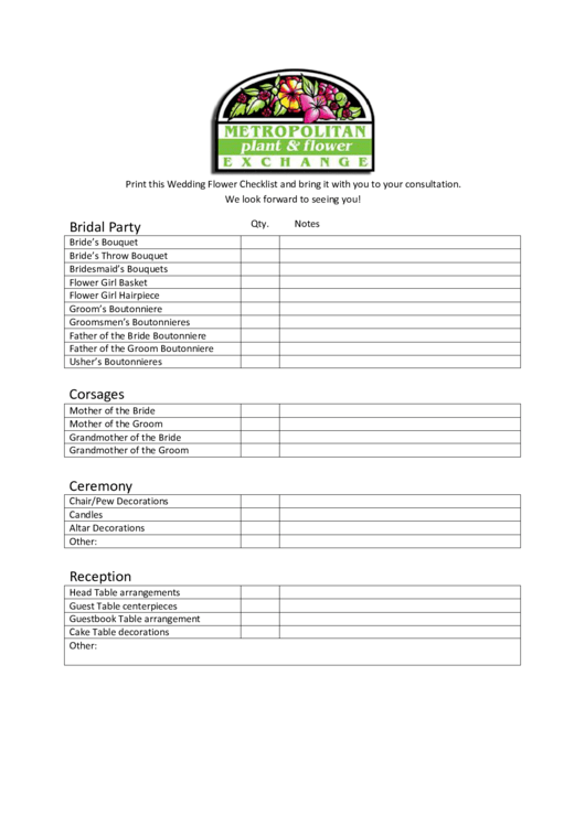 Wedding Flower Checklist Printable pdf