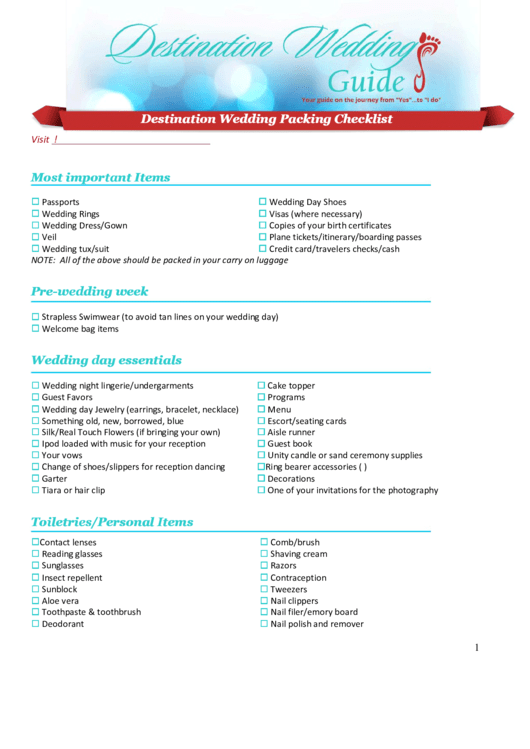 Destination Wedding Packing Checklist Printable pdf