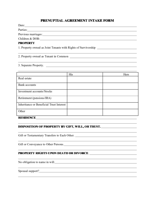 Prenuptial Agreement Intake Form Printable pdf