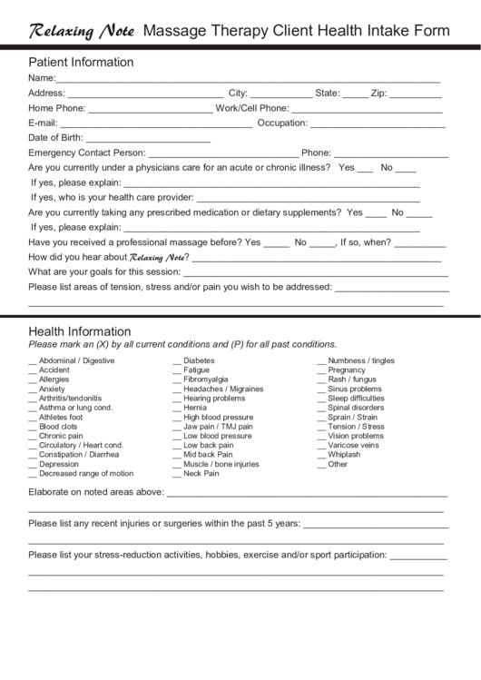 Relax Massage Therapy Client Health Intake Form Printable pdf