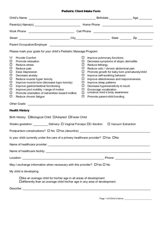 Pediatric Client Intake Form Printable pdf