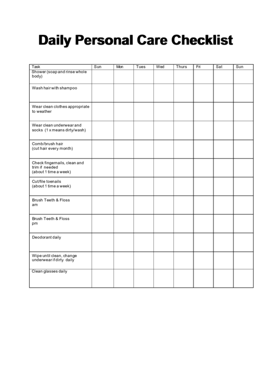 Daily Personal Care Checklist Printable pdf