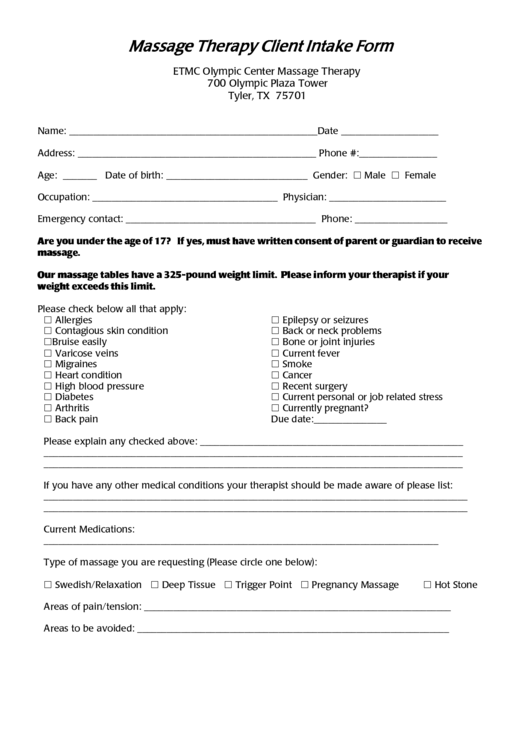 Massage Therapy Client Intake Form Printable pdf