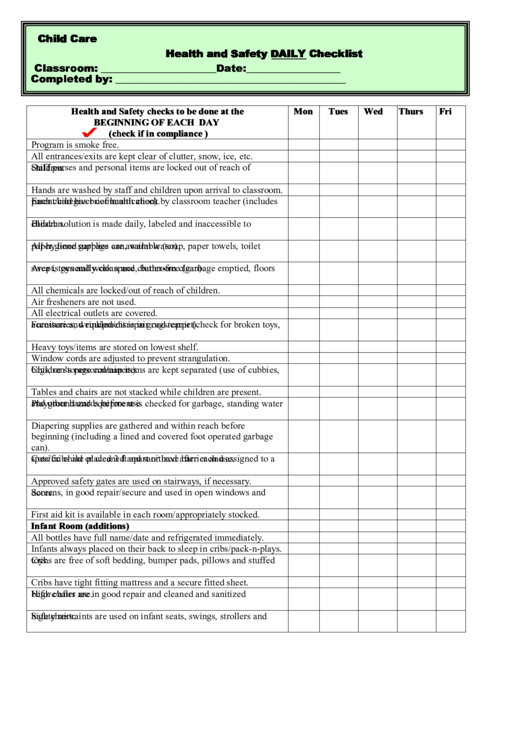 Child Care Health And Safety Daily Checklist Printable pdf