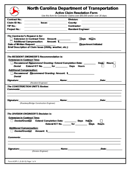 Fillable North Carolina Department Of Transportation Active Claim Resolution Form Printable pdf