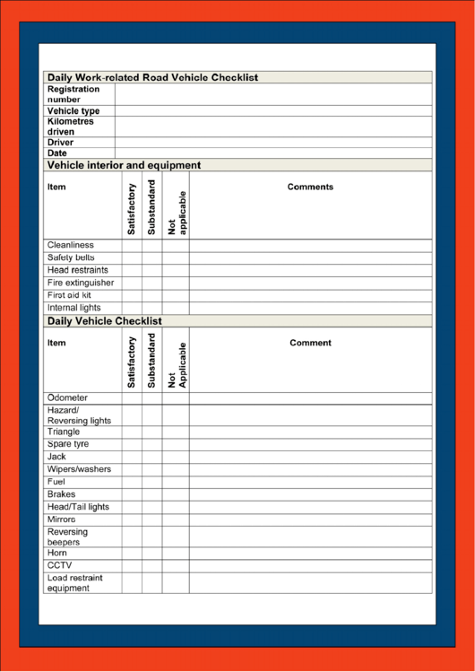 Daily Work Related Road Vehicle Checklist Printable pdf