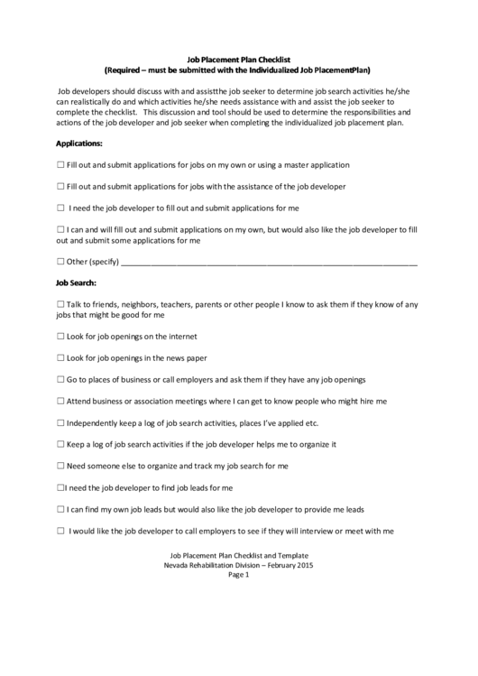 Job Placement Plan Checklist Printable pdf