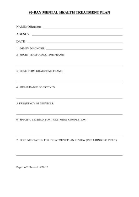 Fillable 90Day Mental Health Treatment Plan printable pdf download