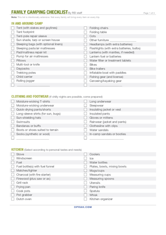 Family Camping Checklist Printable pdf