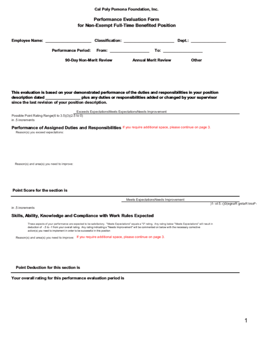 Fillable Performance Evaluation Form For Non-Exempt Full-Time Benefited Position Printable pdf