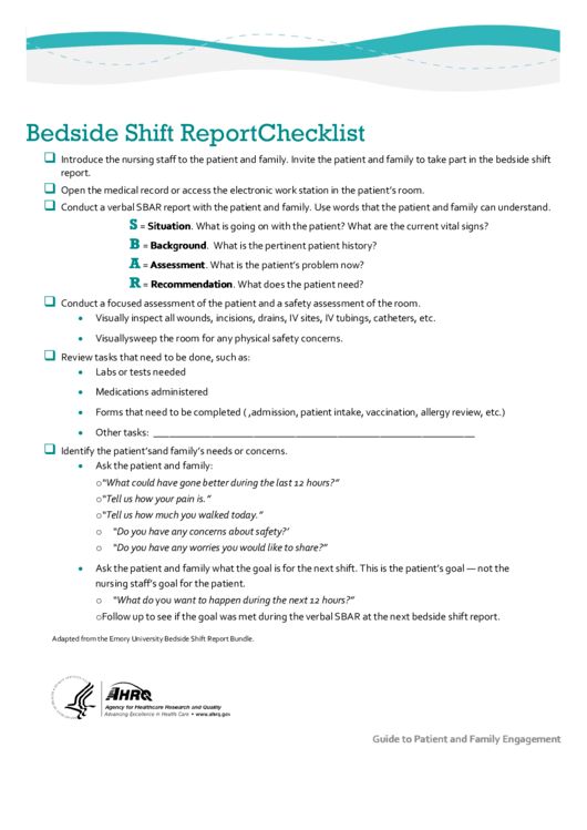 Bedside Shift Report Checklist printable pdf download