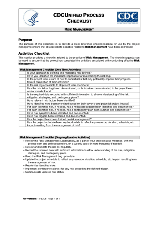 Cdc Unified Process Checklist - Risk Management Printable pdf
