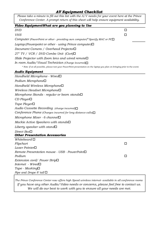 Av Equipment Checklist Printable pdf