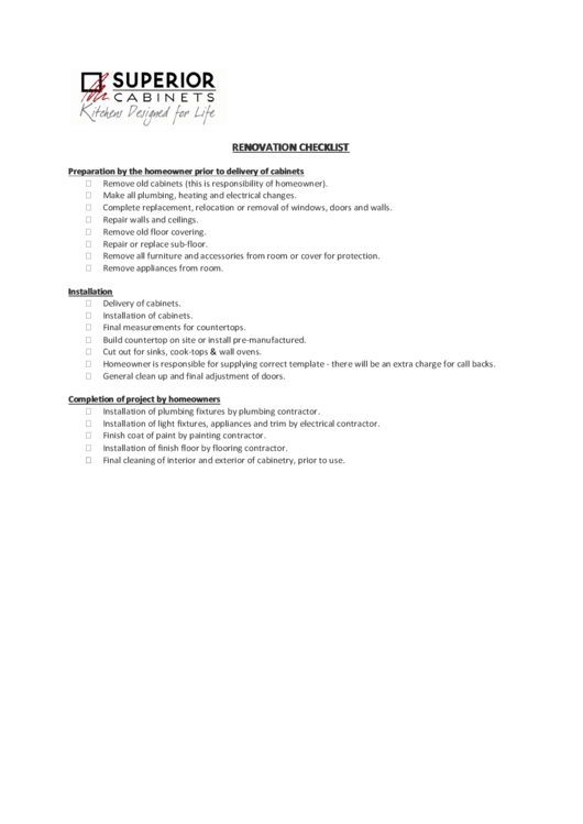 Renovation Checklist Printable pdf