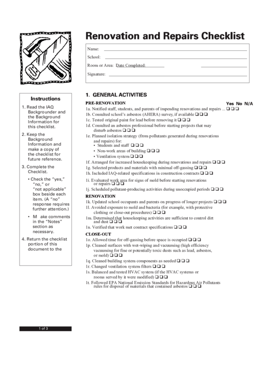 Renovation And Repairs Checklist Printable pdf