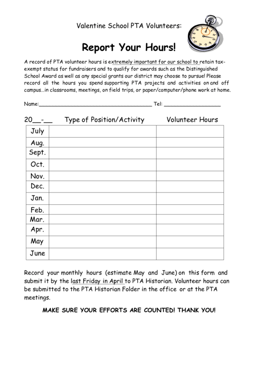 Pta Volunteer Hours Form Printable pdf