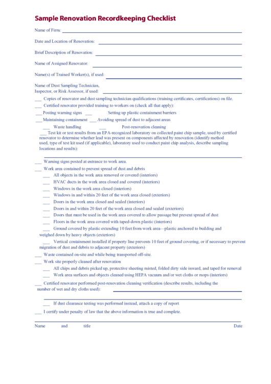 Sample Renovation Recordkeeping Checklist Printable pdf