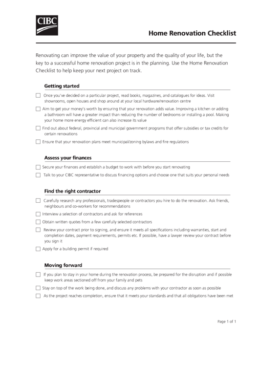 Home Renovation Checklist Printable pdf