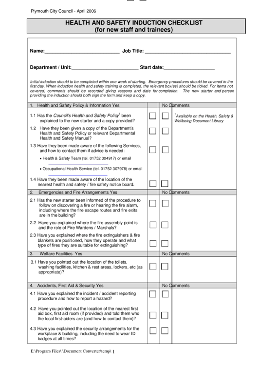 Health And Safety Induction Checklist Template (For New Staff And Trainees) Printable pdf