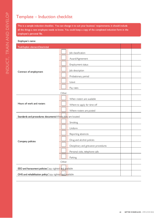 Template - Induction Checklist Printable pdf