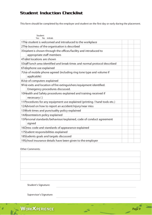 Student Induction Checklist Printable pdf