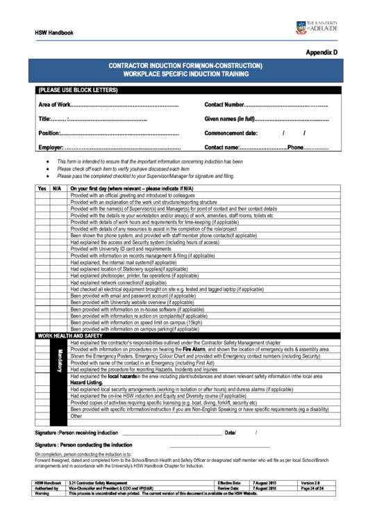 Contractor Induction Form (Non-Construction) Workplace Specific Induction Training Printable pdf