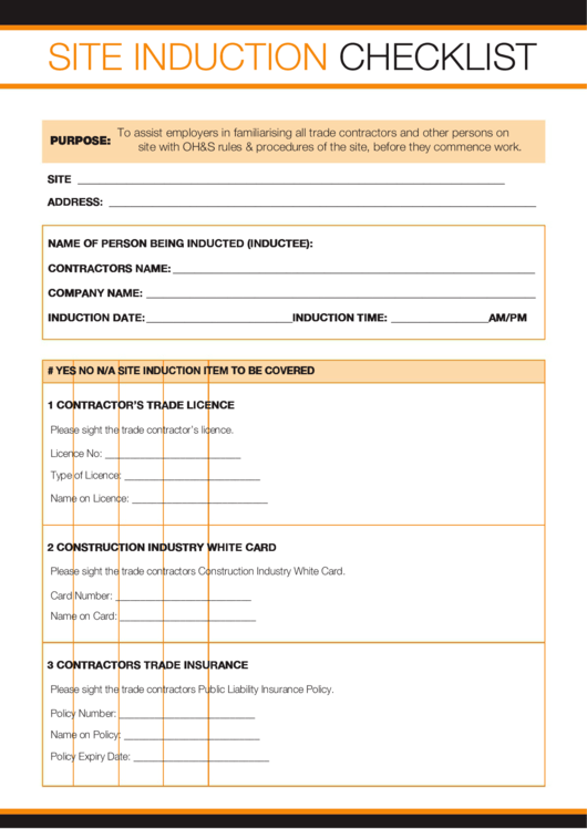 Site Induction Checklist Printable pdf