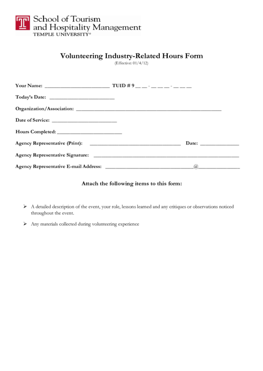 Volunteering Industry-Related Hours Form Printable pdf