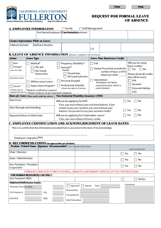 Request For Formal Leave Of Absence Form - California State University Fullerton