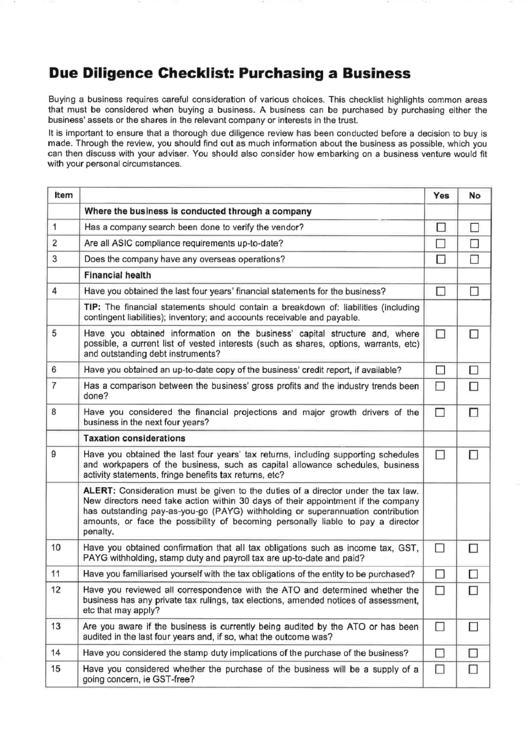 Due Diligence Checklist - Purchasing A Business Printable pdf