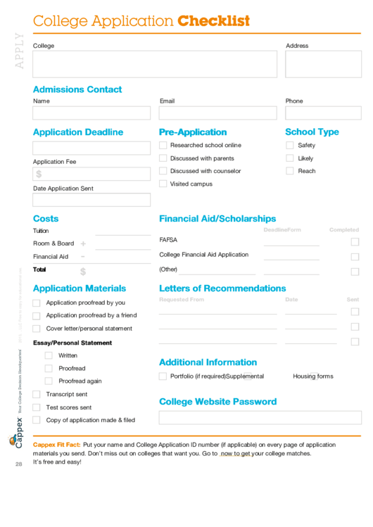 College Application Checklist Printable pdf