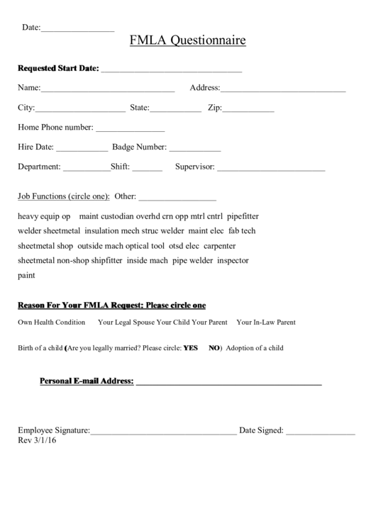 Fmla Questionnaire Form Printable pdf
