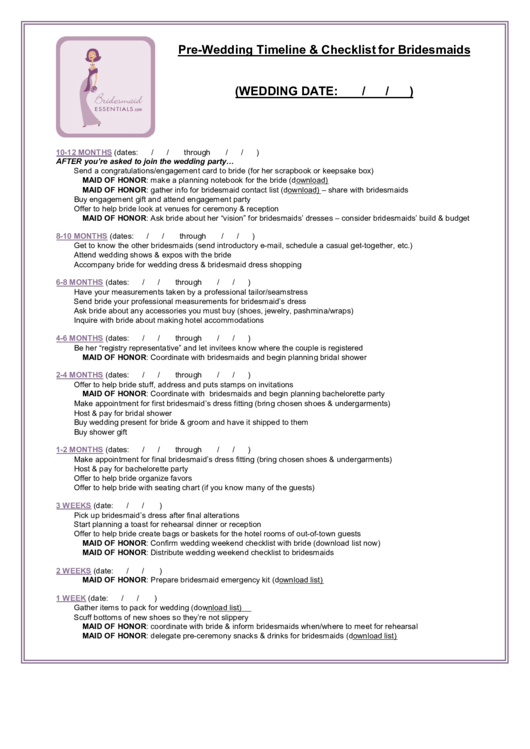 Pre-Wedding Timeline & Checklist For Bridesmaids Printable pdf