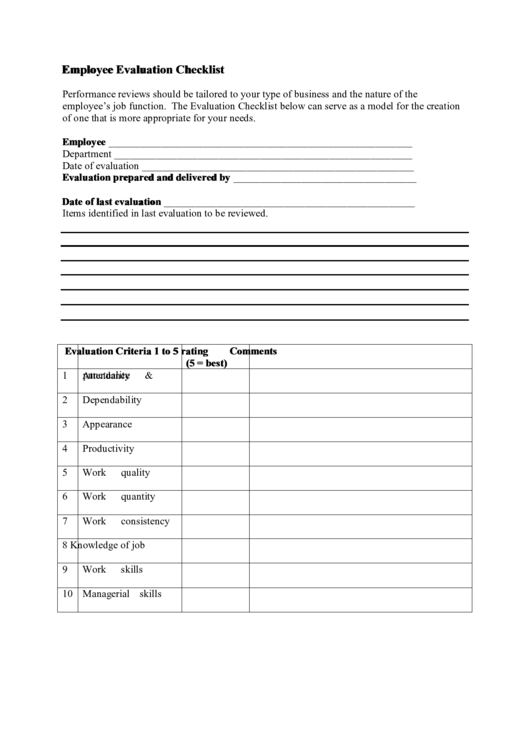 Employee Evaluation Checklist Printable pdf