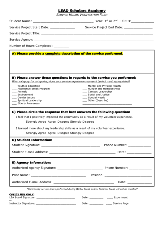 Service Hours Verification Form Printable pdf