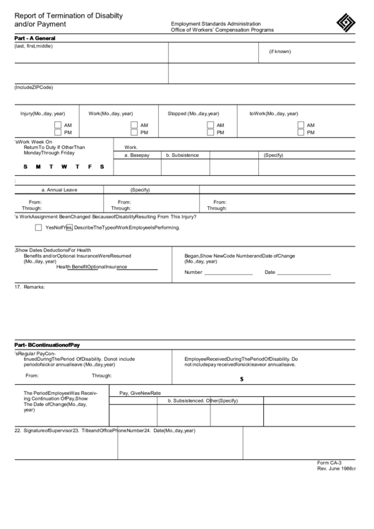 Fillable Form Ca-3 - Report Of Termination Of Disabilty And/or Payment Printable pdf