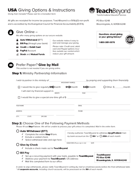 Usa Giving Options & Instructions Printable pdf