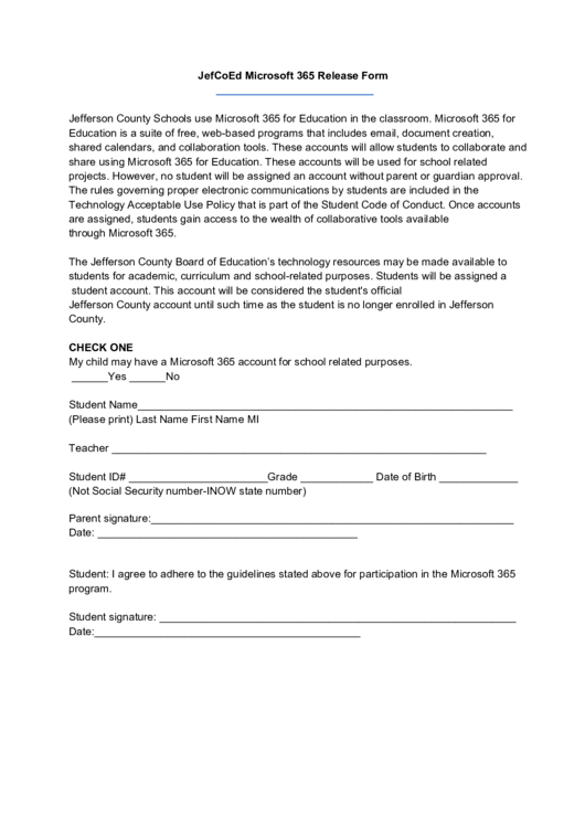 Jefferson County School Release Form Printable pdf