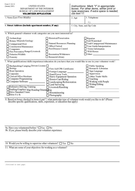 Fillable Bureau Of Land Management Volunteer Application Printable pdf