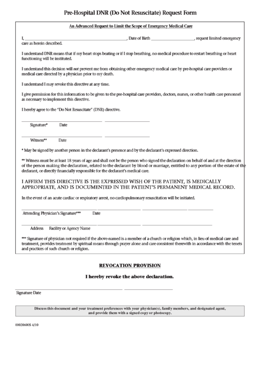 Pre-Hospital Dnr (Do Not Resuscitate) Request Form Printable pdf