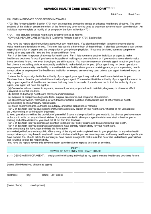 Fillable Advance Health Care Directive Form Printable pdf