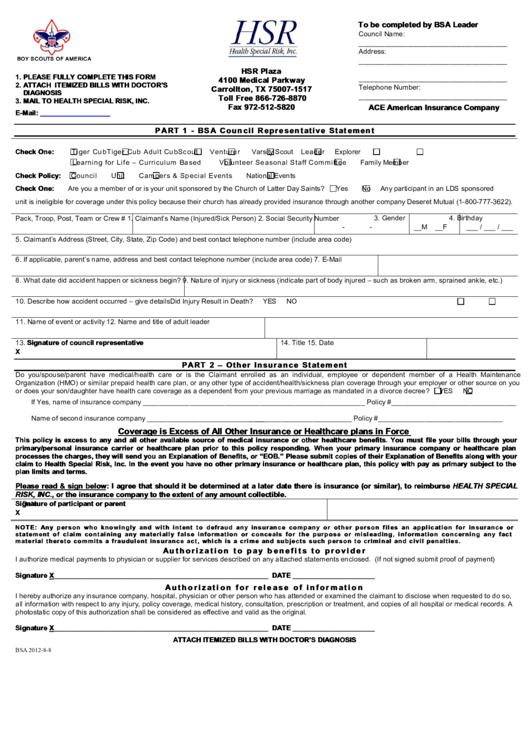 Hsr Boy Scouts Of America Insurance Claim Form - 2012 Printable pdf