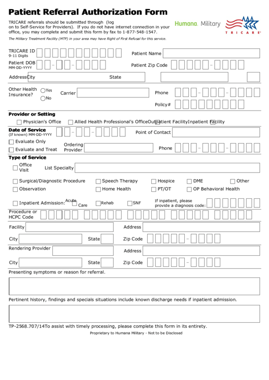 Fillable Tricare Patient Referral Authorization Form Printable pdf