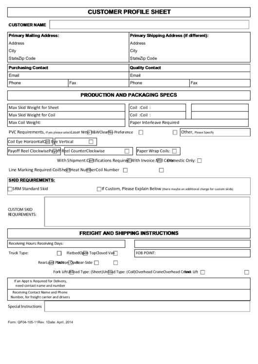 Fillable Form Qf04-105-11 - Customer Profile Sheet Printable pdf