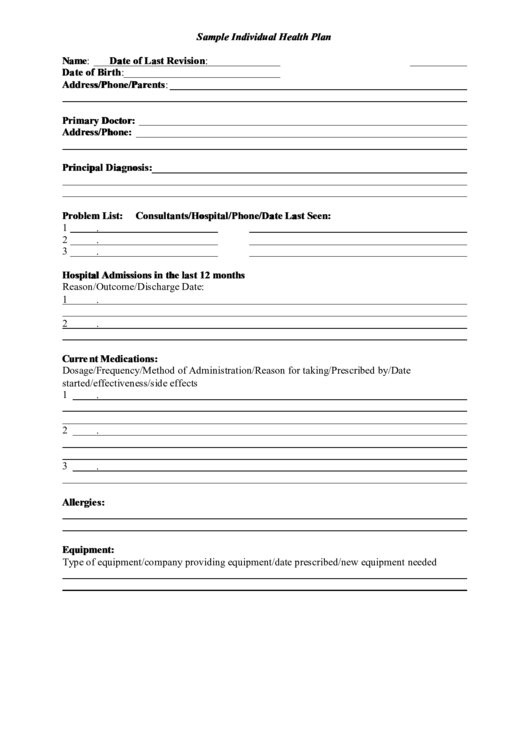 Sample Individual Health Plan Printable pdf