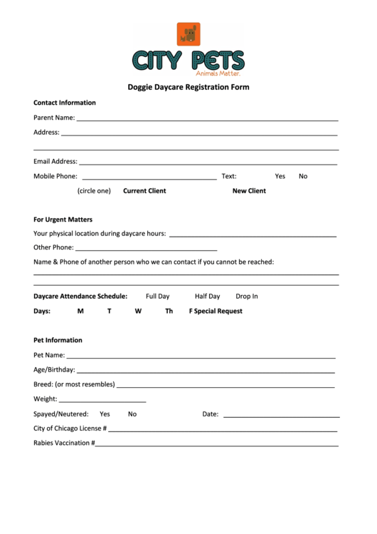 Doggie Daycare Registration Form Printable pdf
