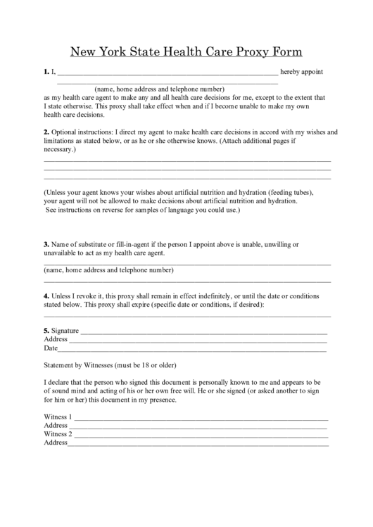 Fillable New York State Health Care Proxy Form Printable pdf
