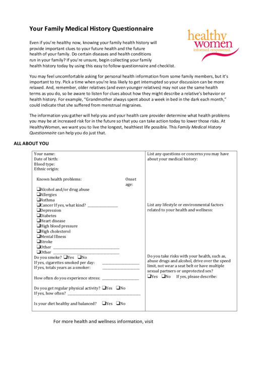 Family Medical History Questionnaire Printable pdf