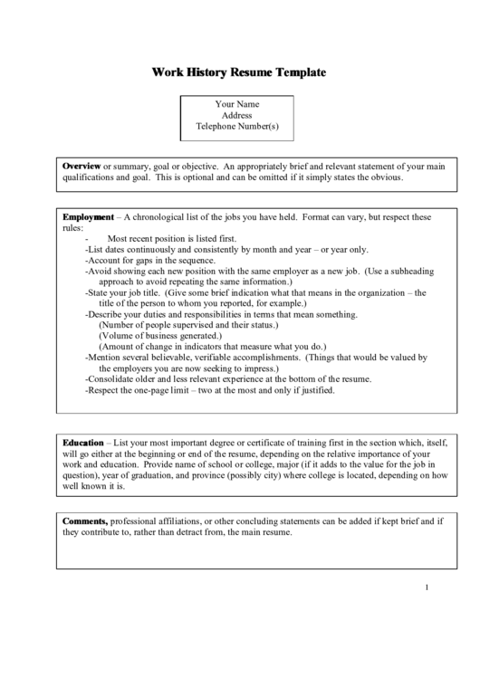 Work History Resume Template Printable pdf